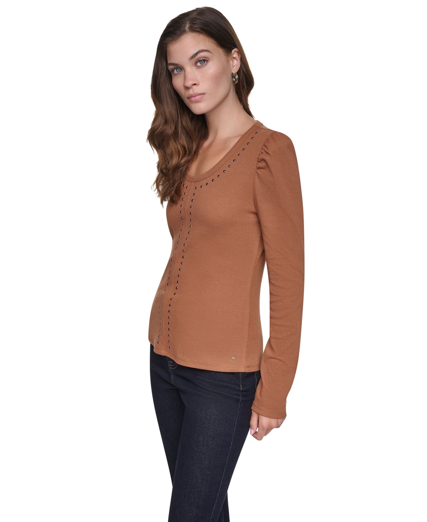 Women's Scoop Neck Long-Puff Sleeve Rhinestud Cotton-Blend Top
