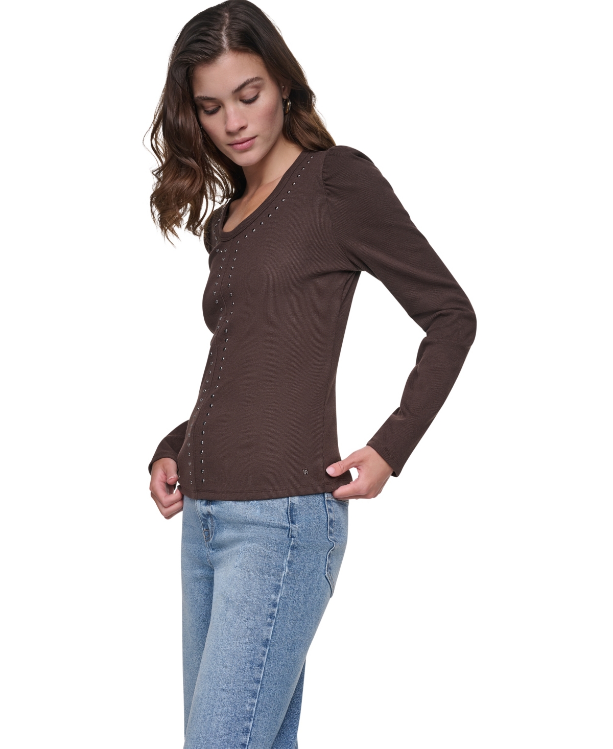 Dkny Jeans Women's Scoop Neck Long-Puff Sleeve Rhinestud Cotton-Blend Top