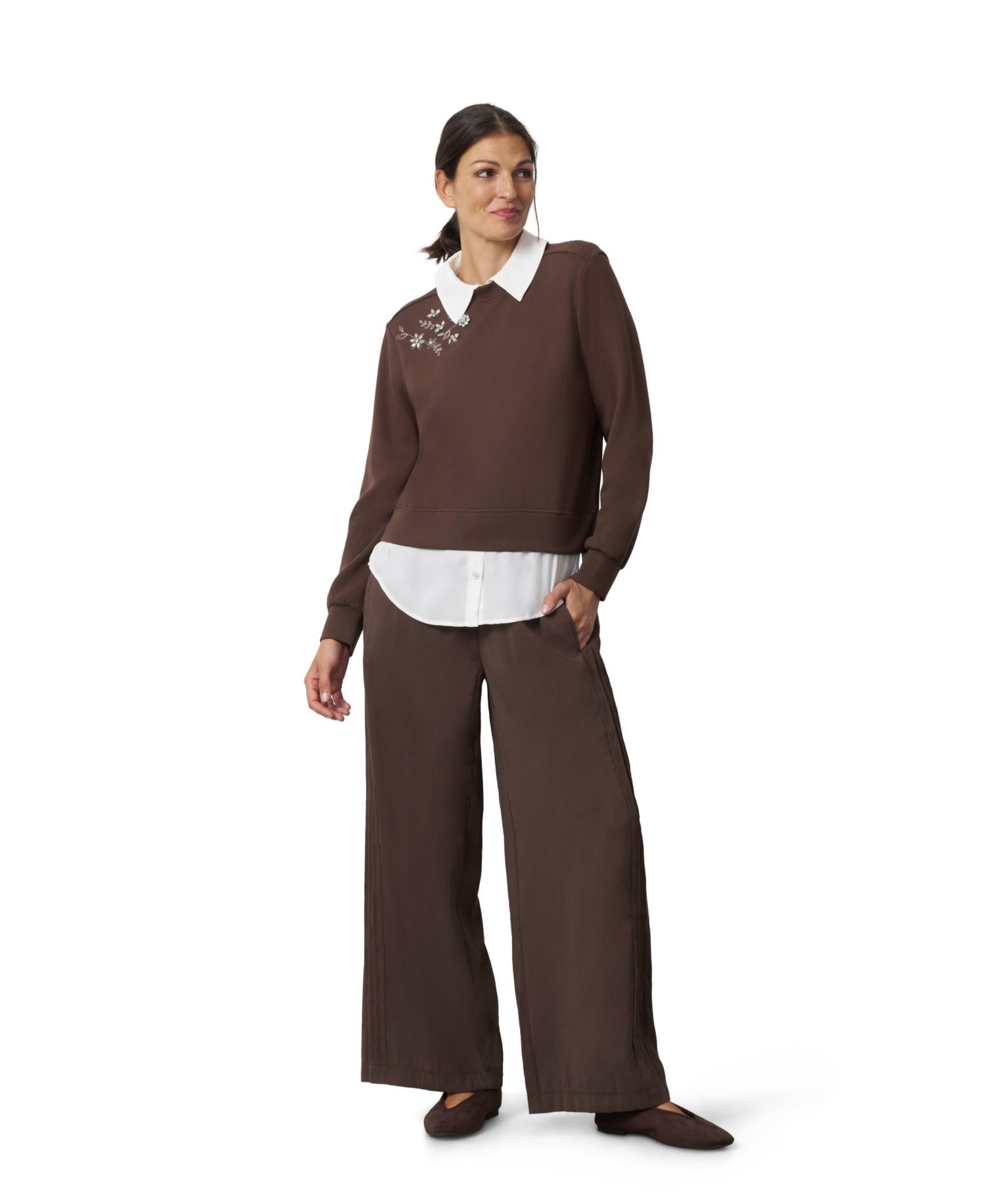 Women's Collared Long-Sleeve Embellished Twofer Top
