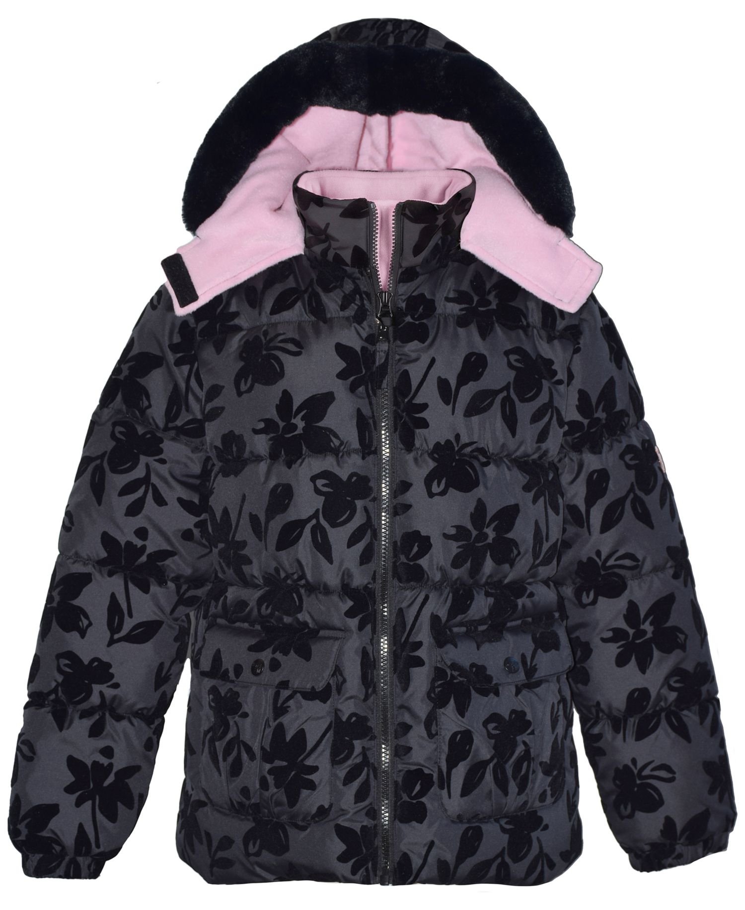 Girls' 5-16 Floral Flocked Puffer Jacket