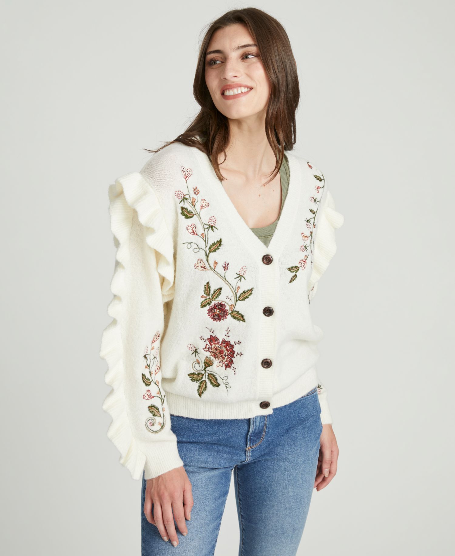 Women's Floral-Embroidered V-Neck Rosevine Ruffle Cardigan