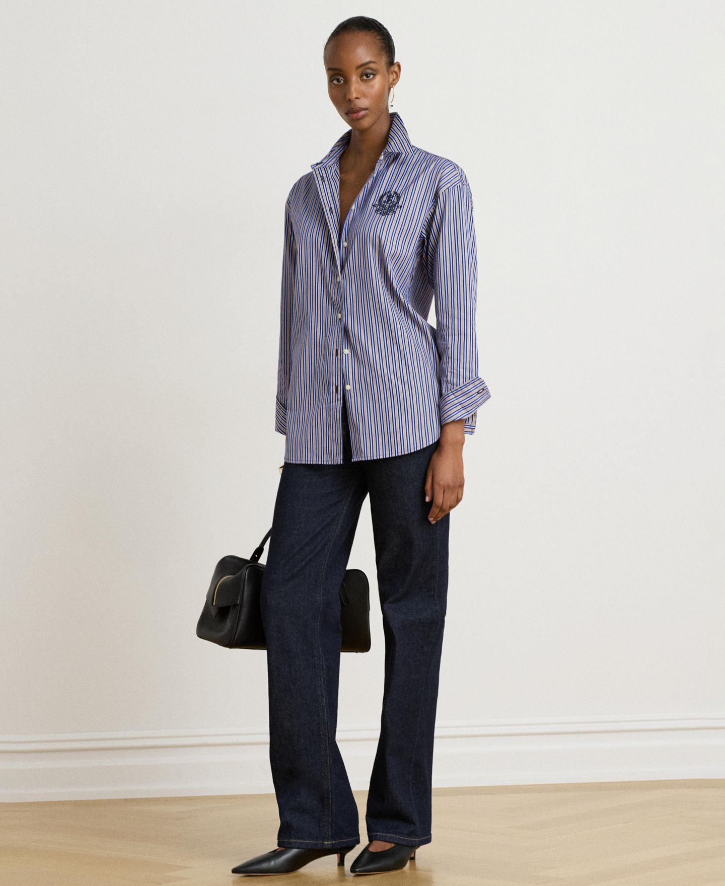 Женская рубашка Lauren Ralph Lauren Striped Point-Collar Relaxed-Fit Button-Down, цвет: Тёмно-синий / Оранжевый разноцветный — фото 3