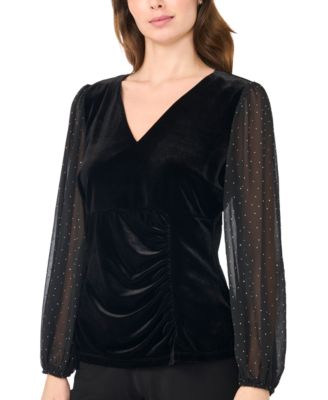 Petite Surplice Wrap Long-Sleeve Velvet Top