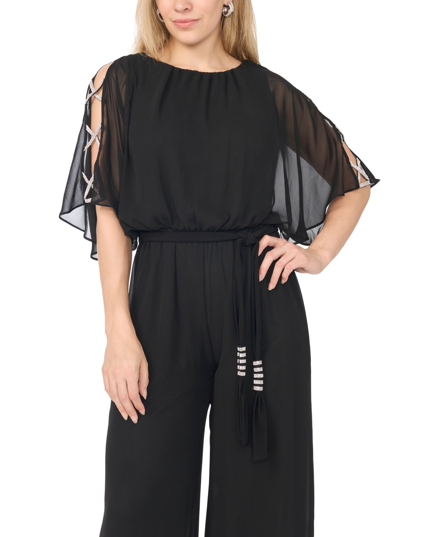Petite Bar-Sleeve Crew Neck Jumpsuit