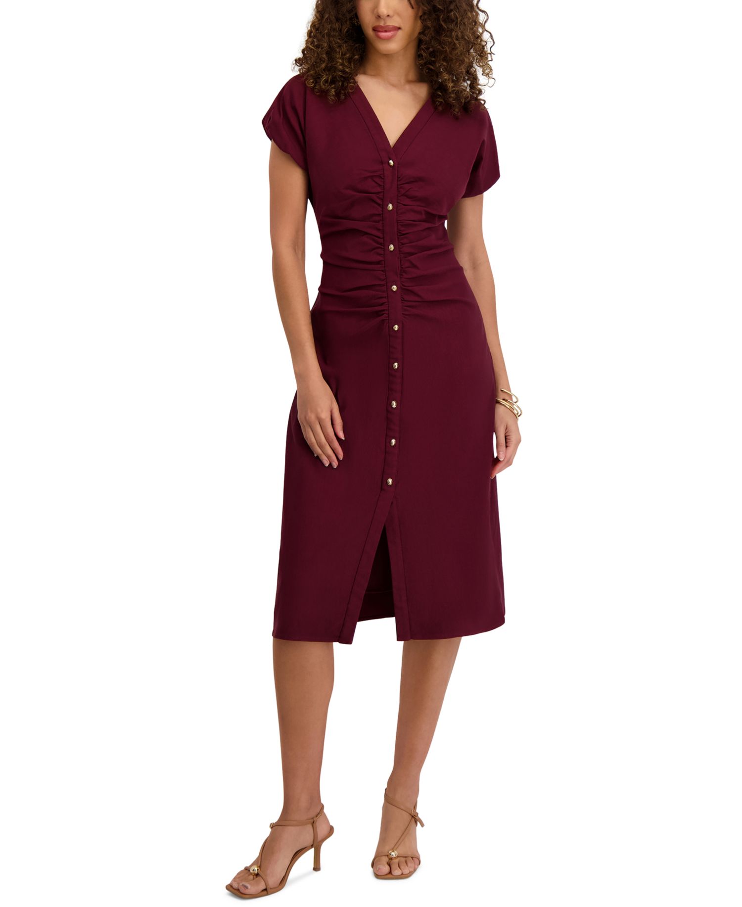 Women's V-Neck Short-Sleeve Midi Shirt Dress