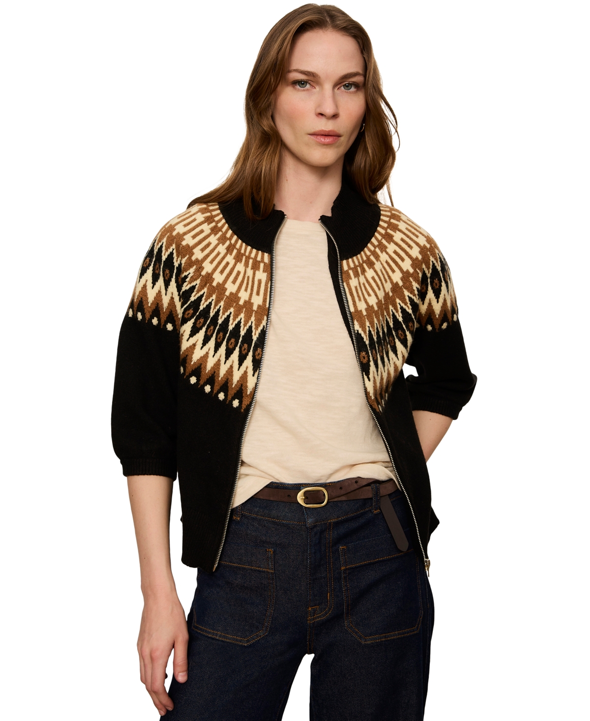 Sanctuary Women's Fairisle Zip-Up Short Sleeve Semi-Cropped Cardigan