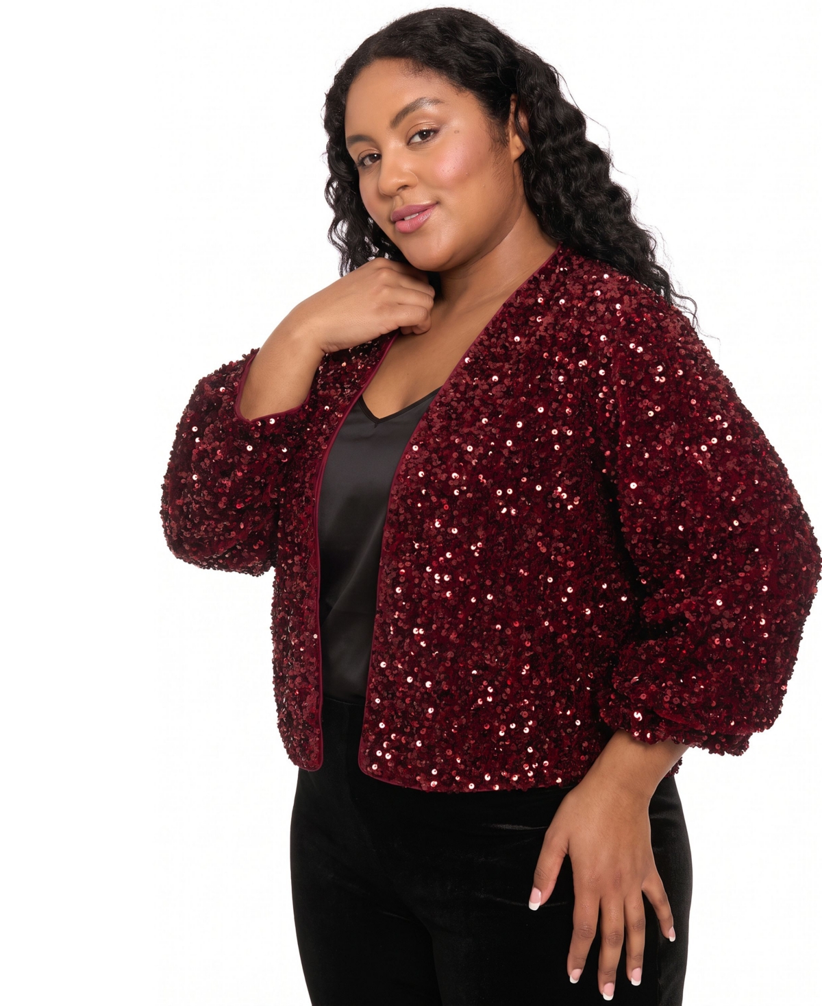 Muse Plus Sequin V-Neck 3/4-Sleeve Bomber Jacket