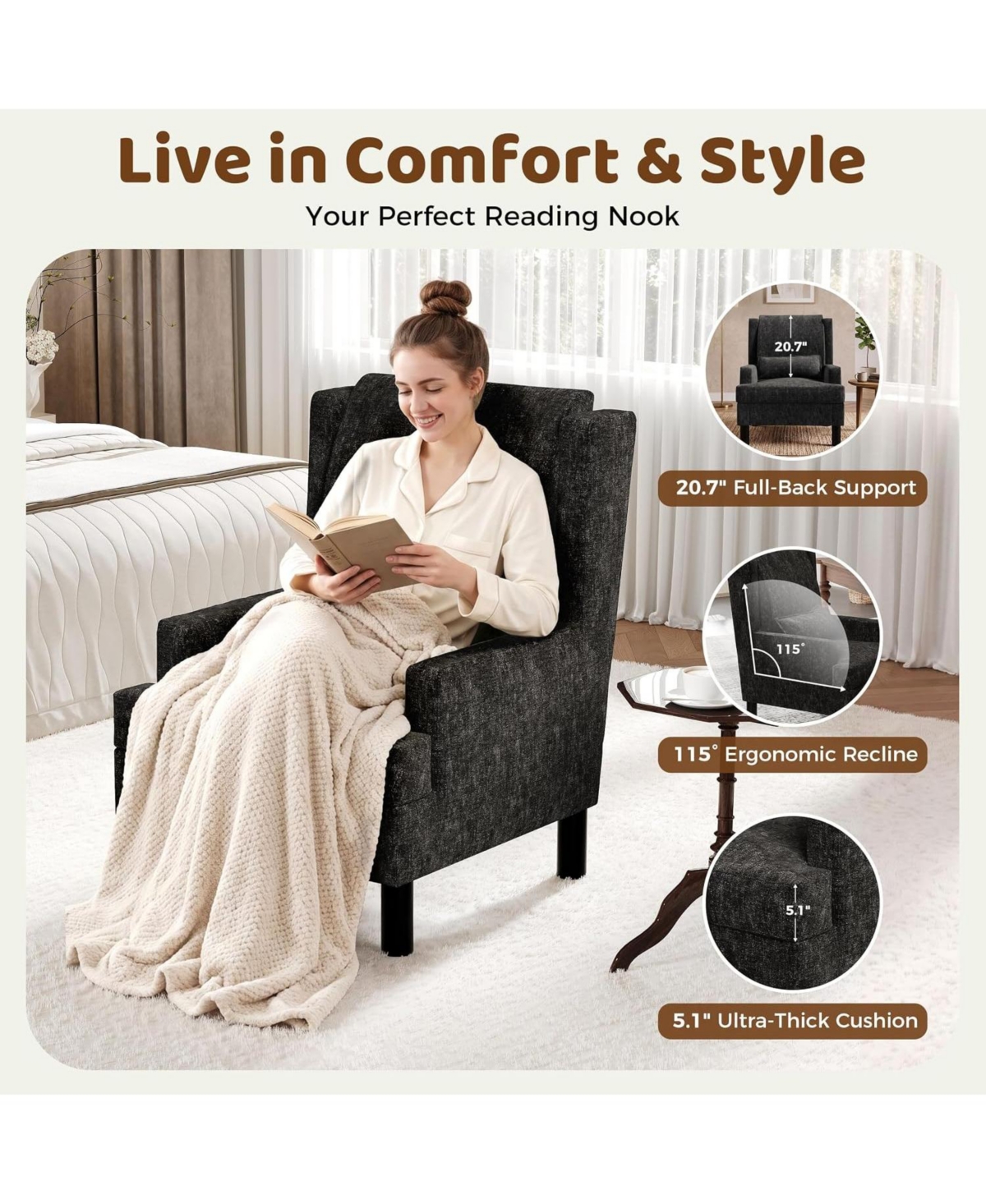 gaomon 2 Piece Upholstered Wingback Accent Chair, Modern Reading Armchair for Living Room, Bedroom