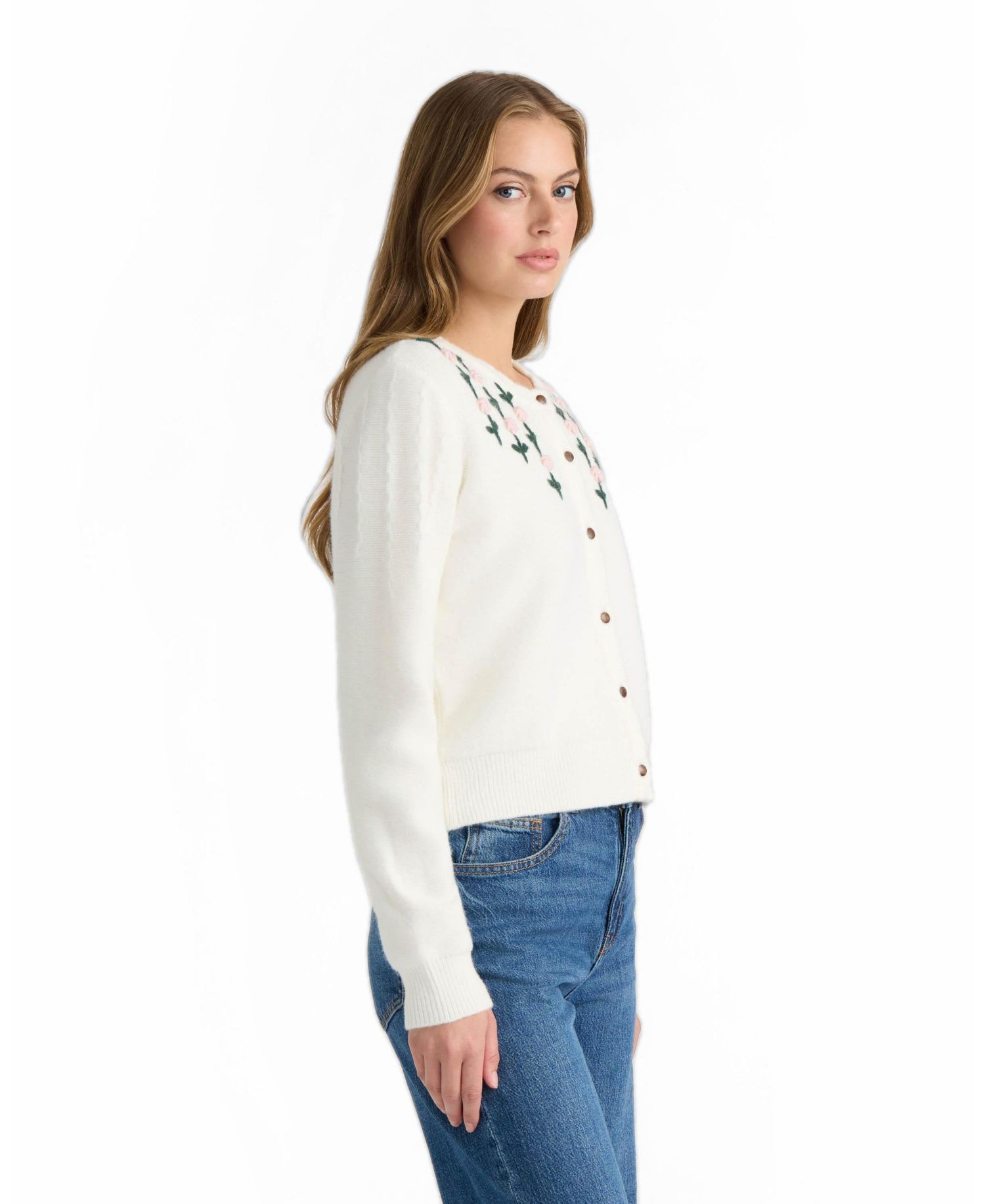 Women's Floral Scalloped-Crewneck Cardigan