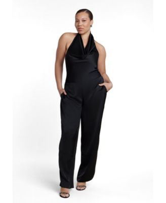 Plus Size Halter Cowl Neck Satin Jumpsuit