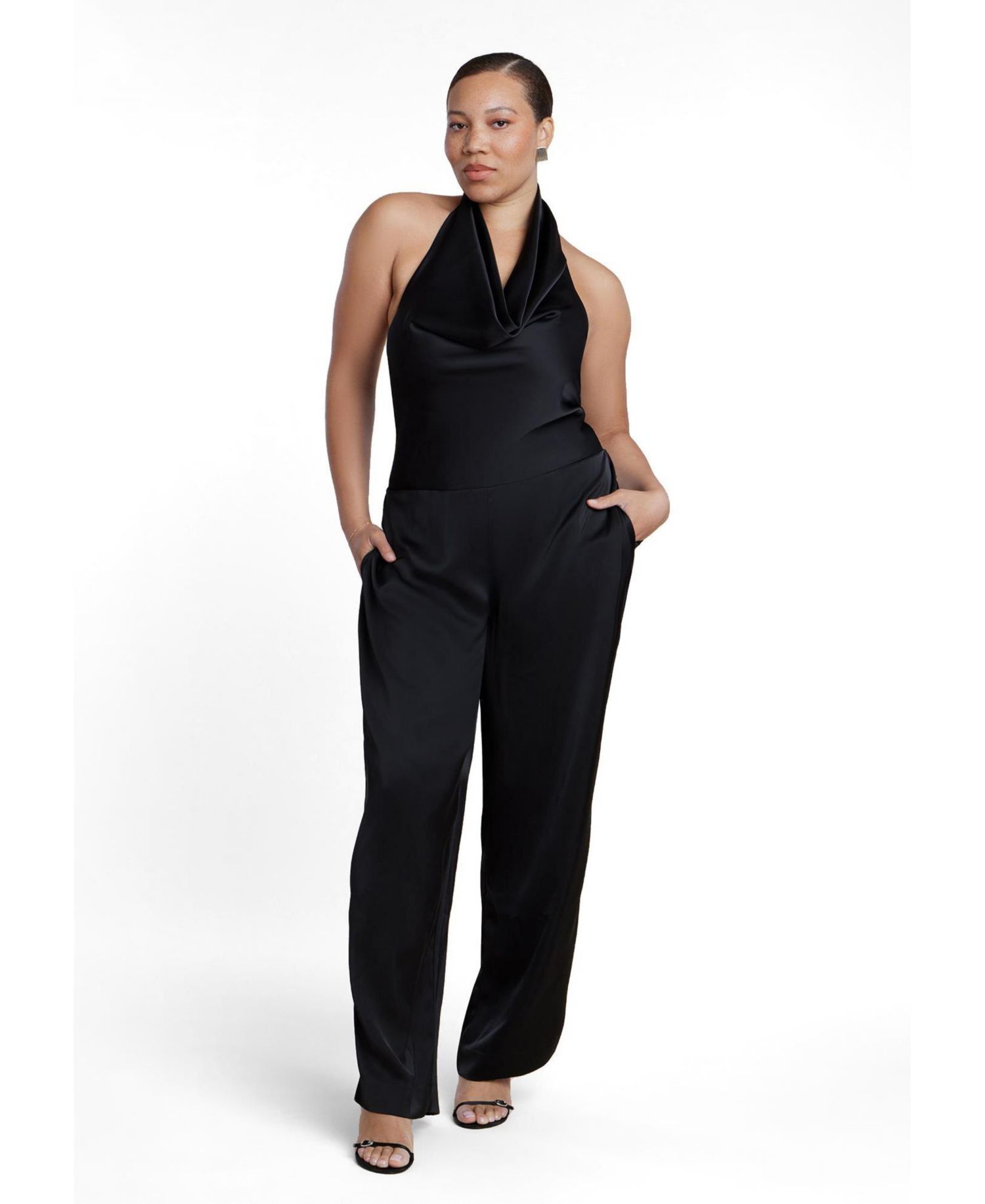 Plus Size Halter Cowl Neck Satin Jumpsuit