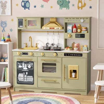 Kids Play Kitchen, Wooden Toy Kitchen Playset for Toddler, Pretend Oven, Microwave, Kitchen Sets for Age 3+