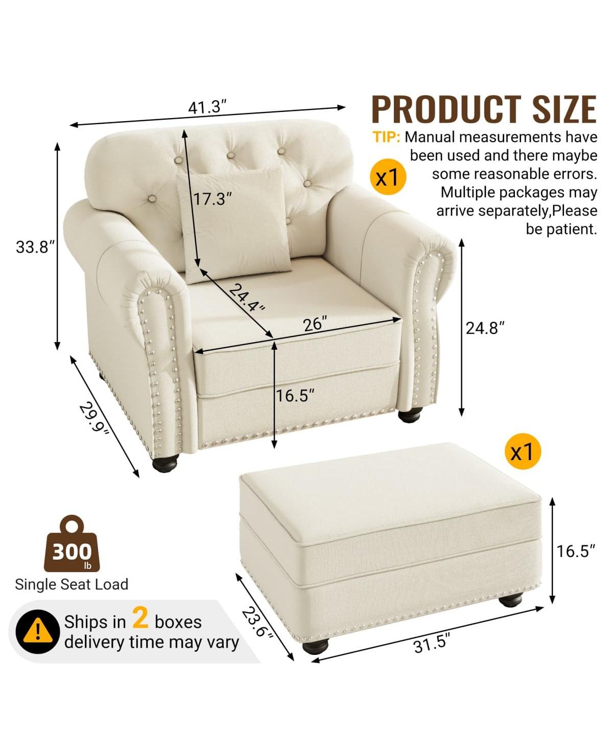 Maison Boucle Velvet Accent Chair with Ottoman, Tufted Nailhead Rolled Arms, Pillow