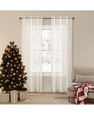 Holly Metallic Embroidery Christmas Sheer Rod Pocket Curtain Panel Pair