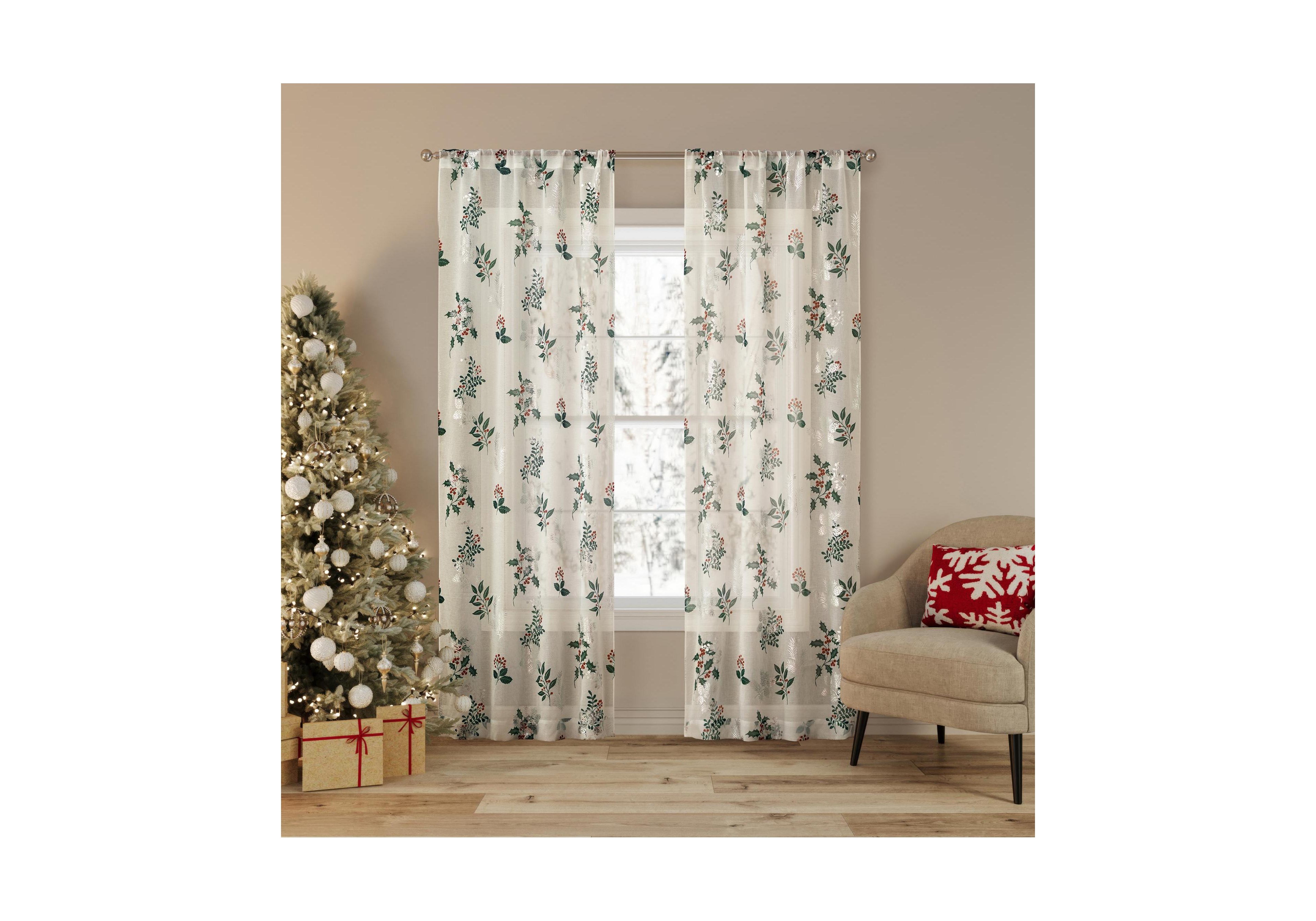 No. 918 Berry Creek Christmas Metallic Sheer Rod Pocket Curtain Panel Pair