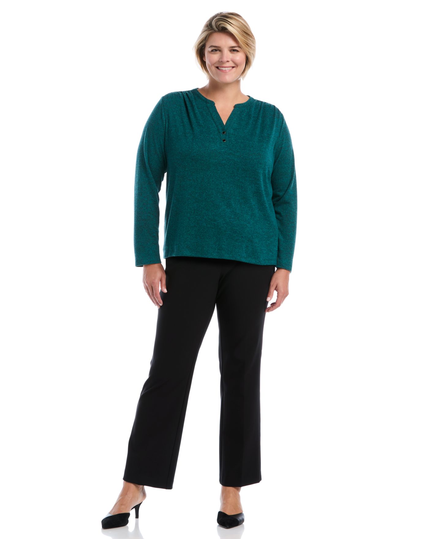 Женская футболка Rafaella Plus Size Shirred Split Neck Long Sleeve, цвет: Глубокий бирюзовый — фото 2