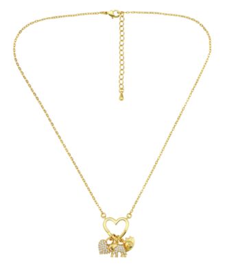 14k Gold-Plated Over Brass Heart Shaped Charm Holder with Elephant, Heart and Evil Eye Charms Necklace