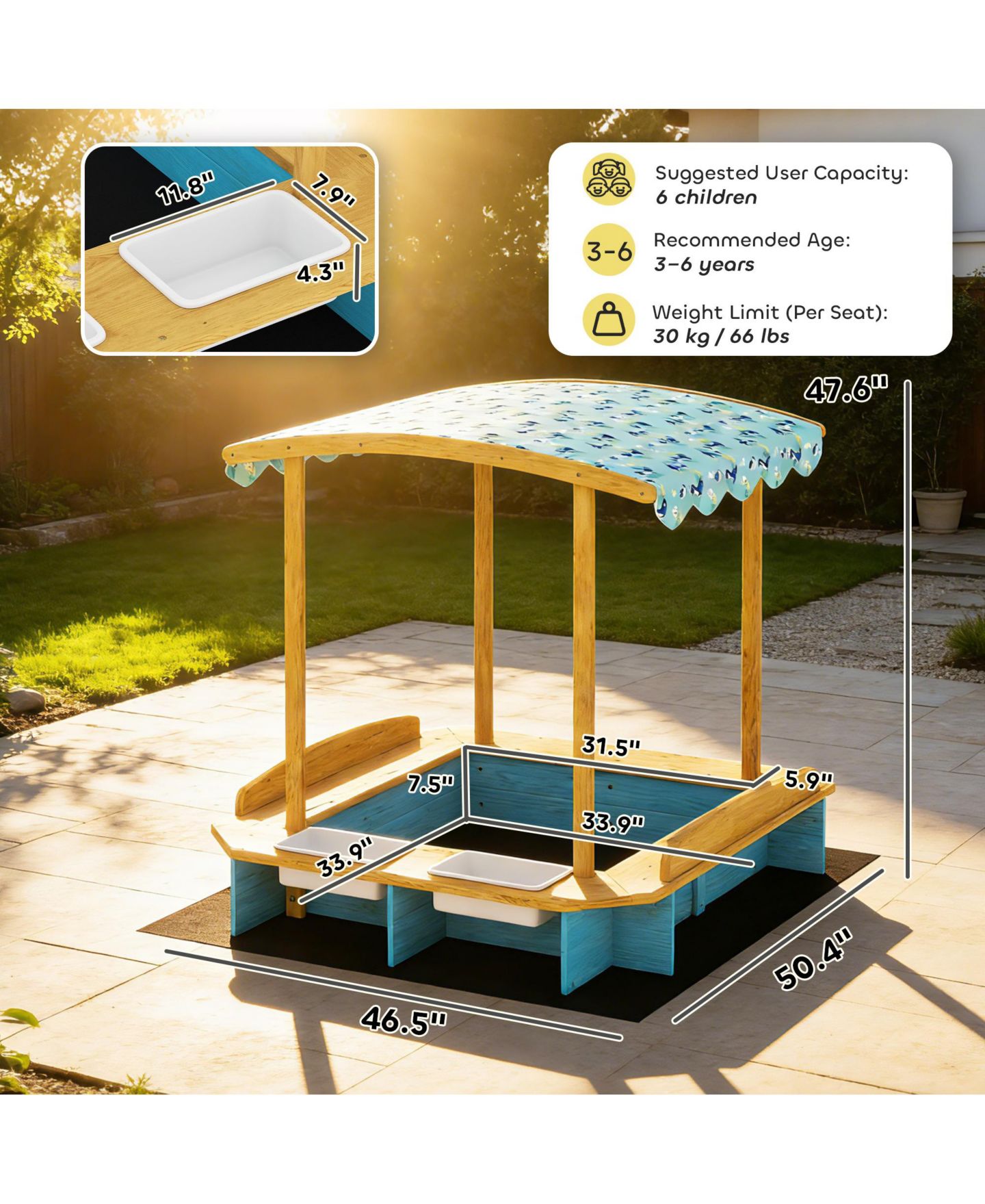 Детская игрушка Qaba Wooden Sandbox with Seating for Six & Dinosaur-Print Canopy, Storage, 440 lbs. Capacity, Ages 3-6, цвет: Синий — фото 2