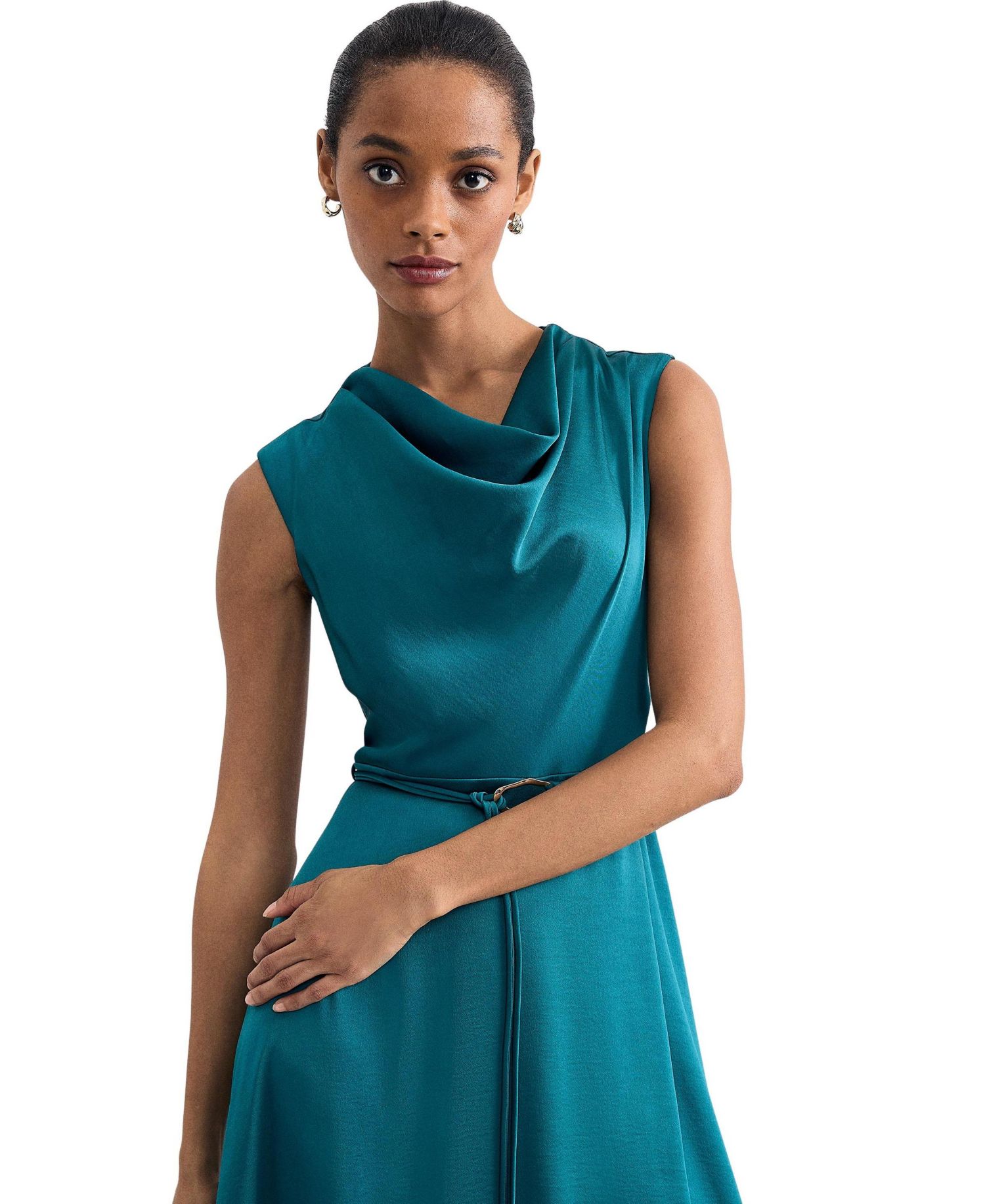 Women's Cowl Neck Belted Midi Dress