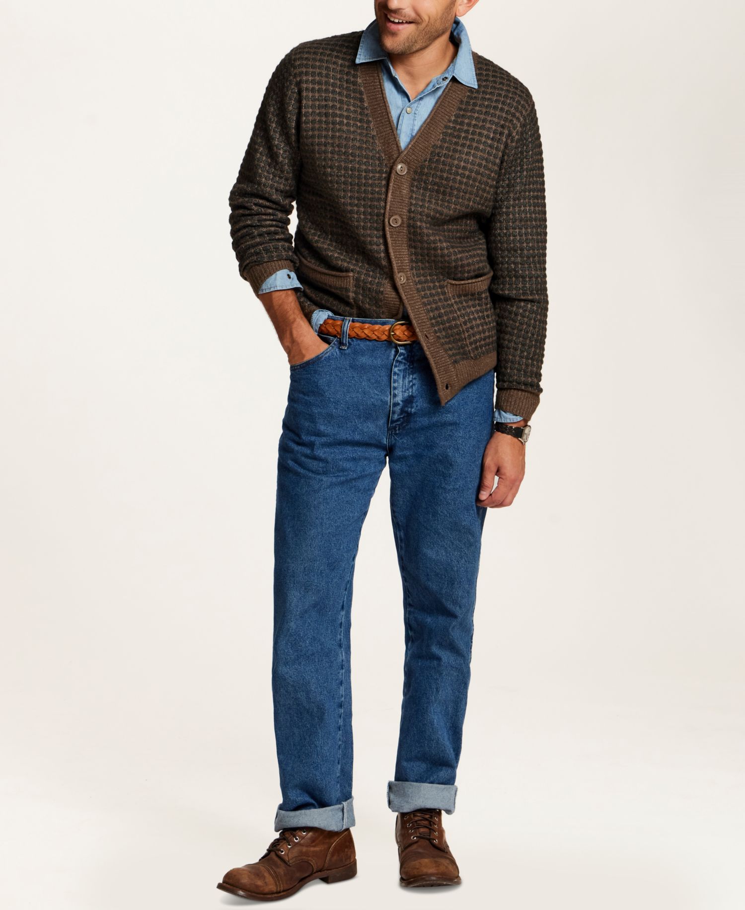 Men's Grid V-Neck Long-Sleeve Cardigan
