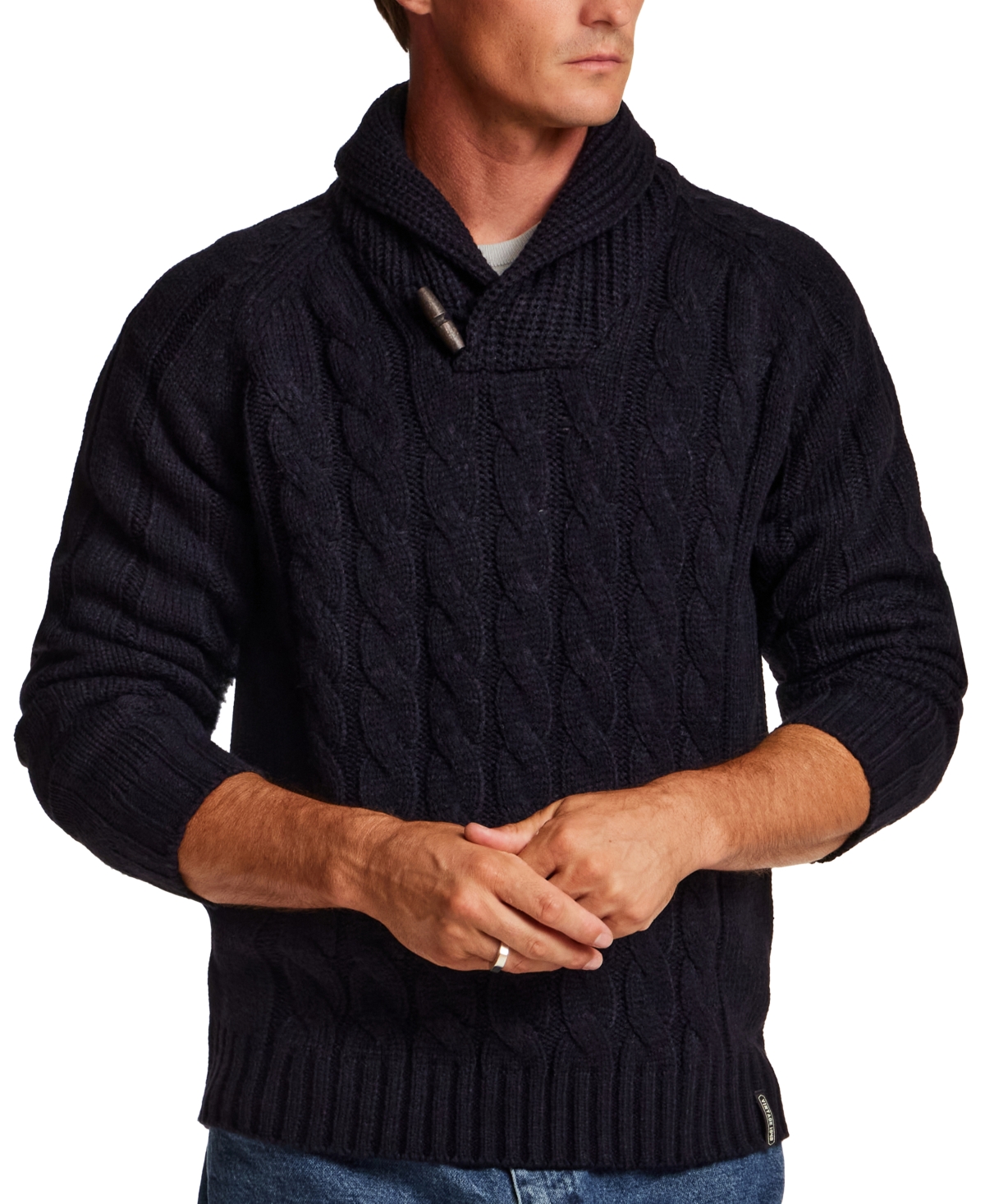 Weatherproof Vintage Men's Fisherman Cable-Knit Shawl Collar Pullover Sweater - Navy