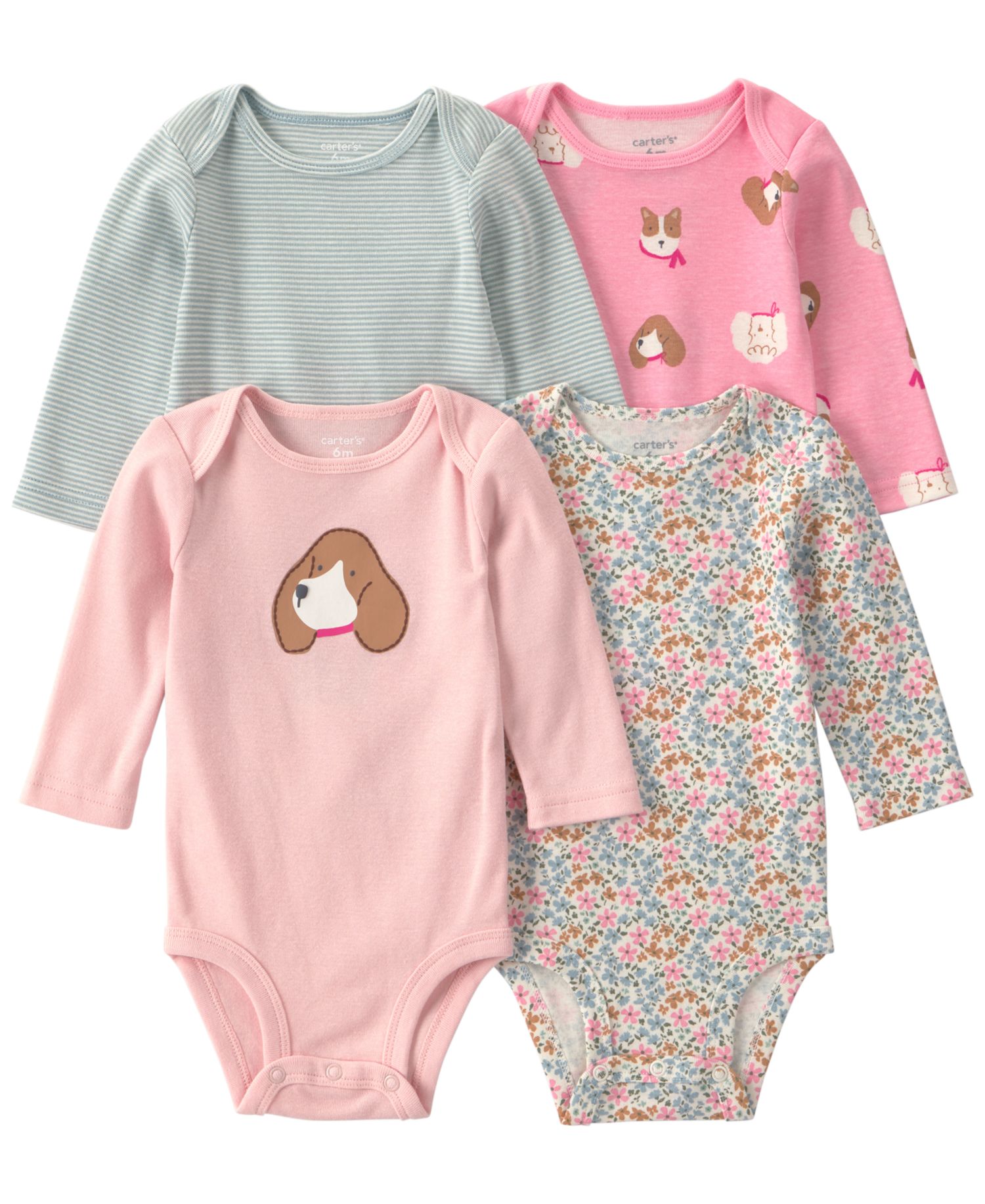 Baby Girls' Long-Sleeve Dog Bodysuits, 4-Pack