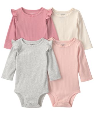 Baby Girls' Ribbed Ruffled Long-Sleeve Bodysuits, 4-Pack