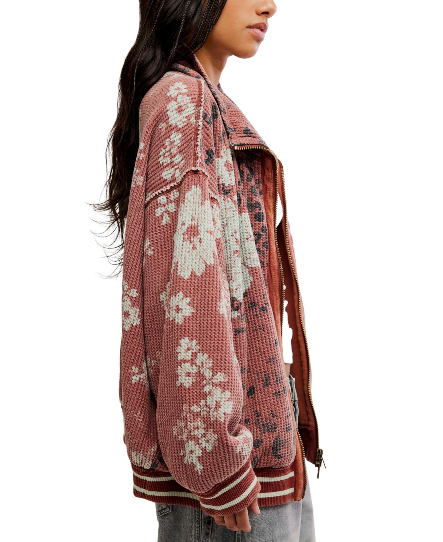 Женский кардиган Free People Waffle-Knit Oversized Full-Zip, цвет: Розовый комбинированный — фото 3