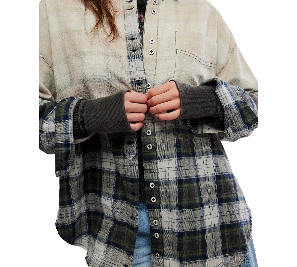 Free People Women's Lexi Plaid Oversized Waffle-Knit Shirt