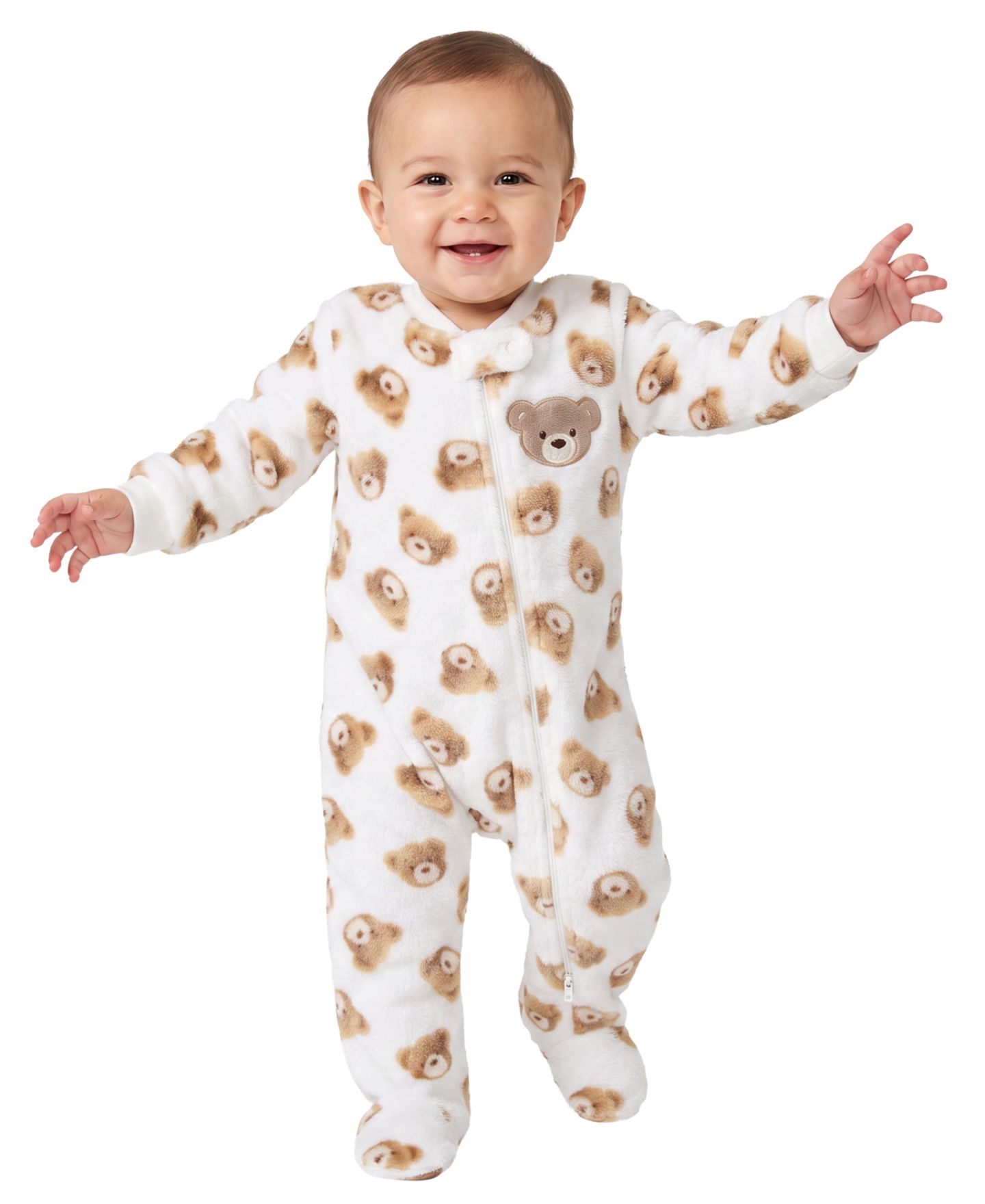 Мягкие игрушки Baby Essentials Baby Boys' and Girls' Bear Teddy Bear Print Fleece Zipper Closure Footie, цвет: Белый / Коричневый — фото 1
