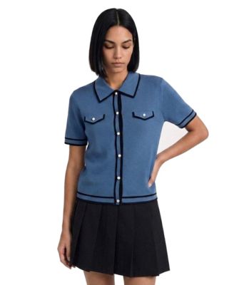 Women's Faux Pearl Button Up Cropped Polo