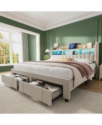 Full Size Upholstered Bed Frame with 2 Drawers and LED Lights | Platform Bed Frame with Charging Station and Storage Headboard, Heavy Duty