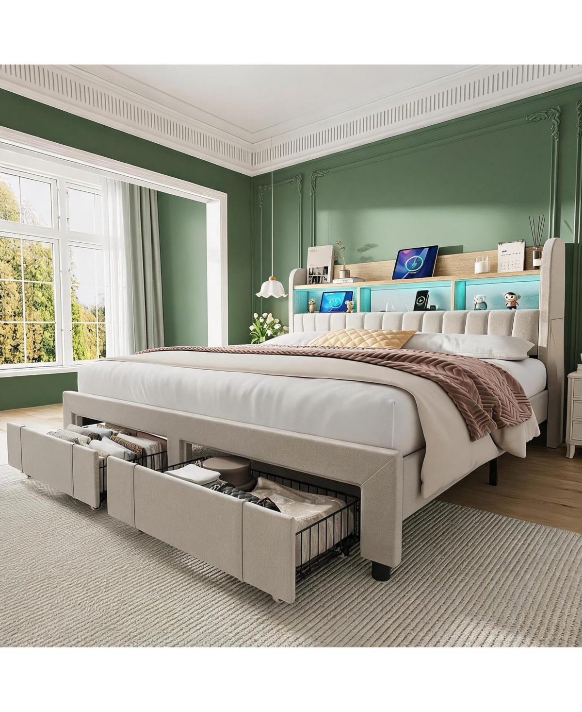gaomon Full Size Upholstered Bed Frame with 2 Drawers and Led Lights | Platform Bed Frame with Charging Station and Storage Headboard, Heavy Duty - Be