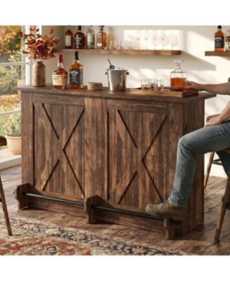 63" Farmhouse Bar Table with 2-Tier Shelves and Footrest