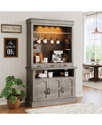 72'' Tall Farmhouse Coffee Bar Cabinet with LED Lights, Adjustable Shelves, Doors and Drawer, Multi-Room Storage Sideboard