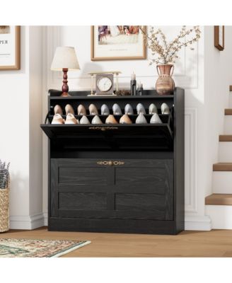Entryway Shoe Cabinet with 2 Drop-Front Drawers and Adjustable Shelves, Featuring Cross-Stilts Doors, Country-Style Shoe Cabinet