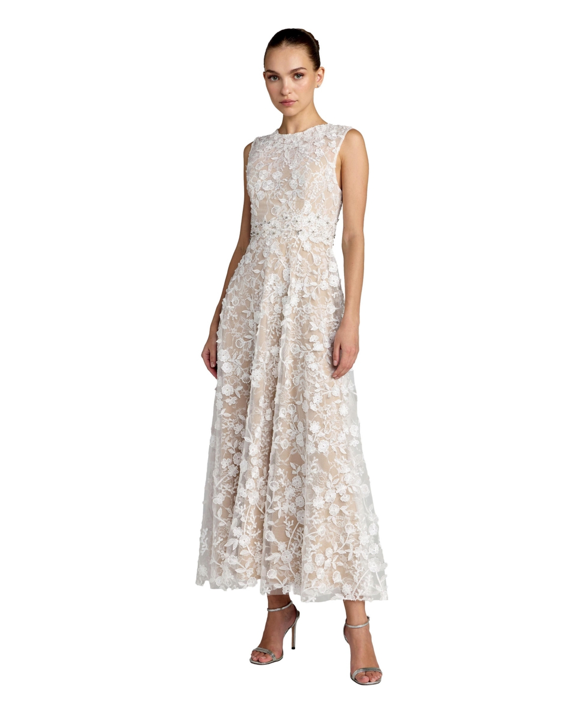 Mac Duggal Petite Floral Embroidered High Neck Midi Dress - Ivory nude