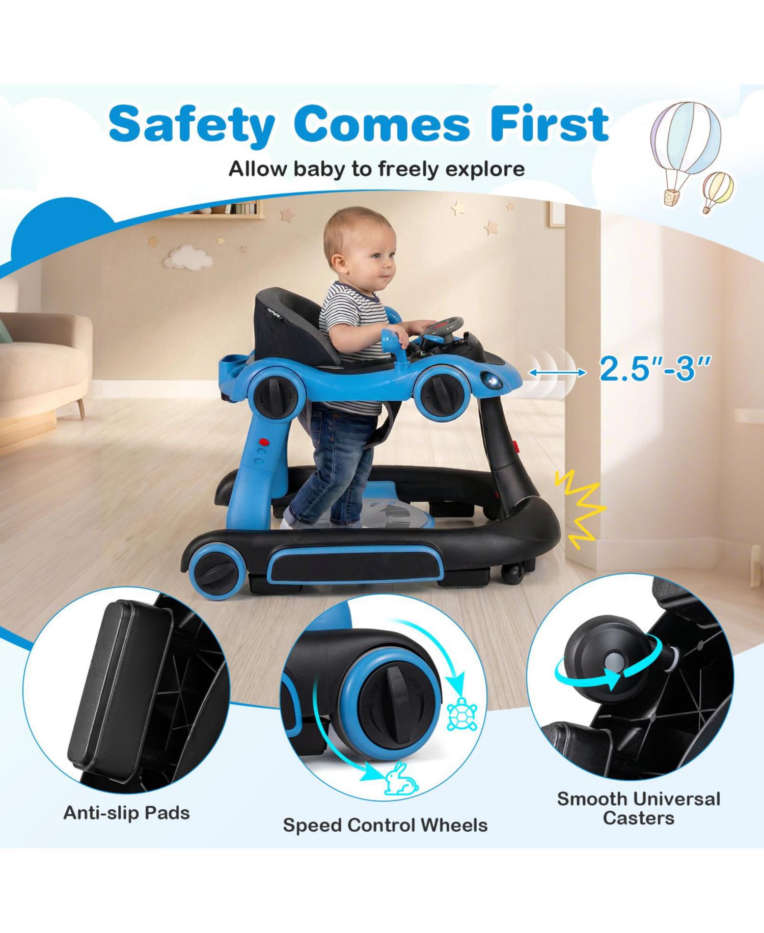6-in-1 Baby Walker and Activity Center with Canopy, Music and Rocker