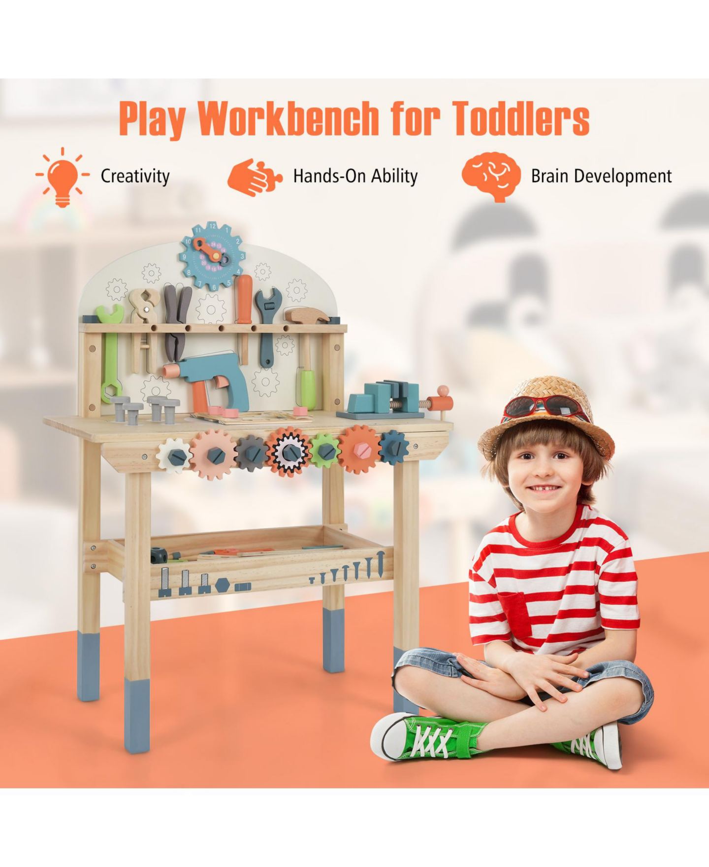 Детская игрушка Mecale Solid Pine Wood Play Tool Workbench with Storage Shelf, Ages 3+ — фото 8