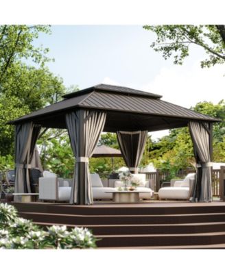 Hardtop Gazebo with Double Galvanized Steel Roof, Metal Pavilion with Netting and Privacy Curtain for Backyard