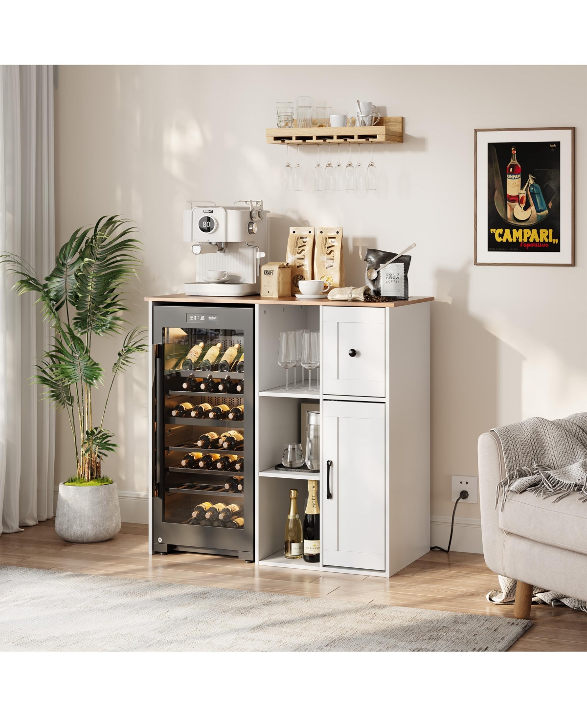 40" Coffee Bar Cabinet with Built-in Power Outlet, Mini Fridge Stand with Drawer, Open Storage Shelves and Closed Cabinet for Dining Room, White