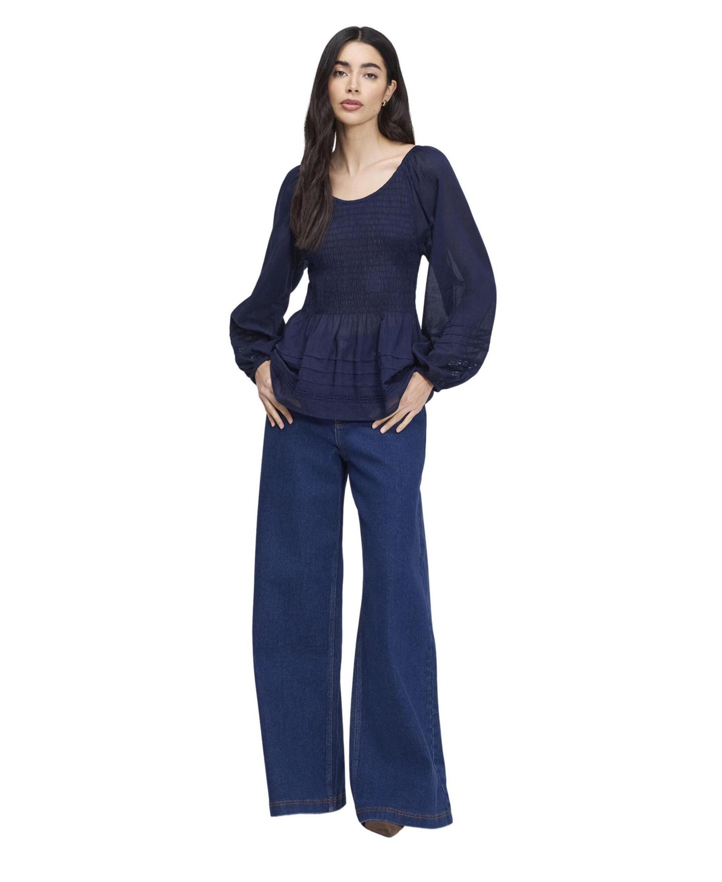 Женская блузка Finery London Jennie Scoop Neck Long-Sleeve Shirred, цвет: Тёмно-синий — фото 5