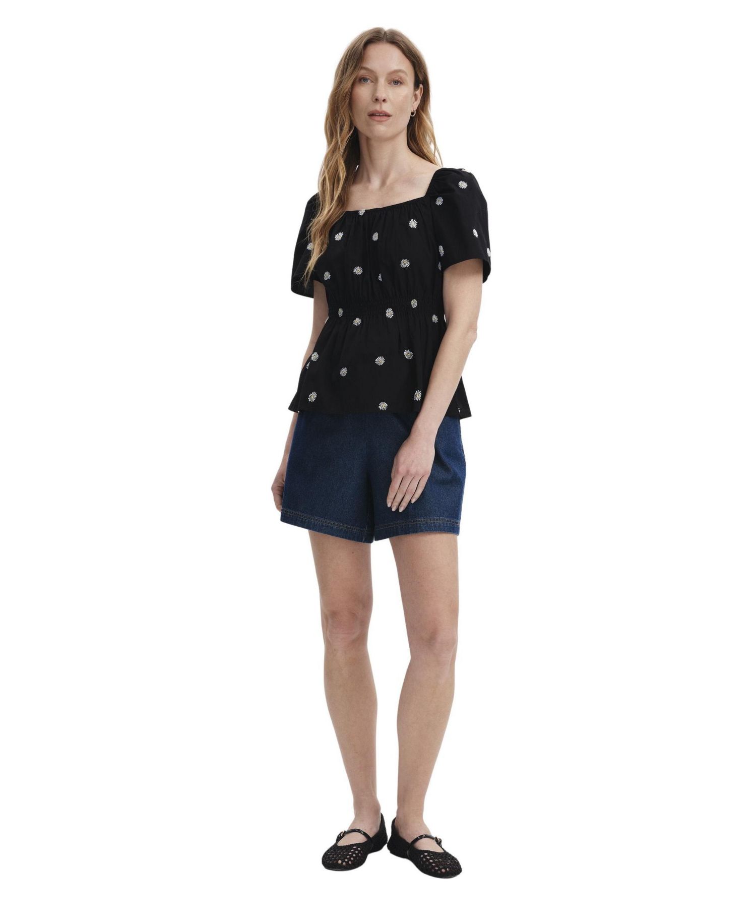 Women's Holly Floral-Embroidered Cotton Square Neck Top