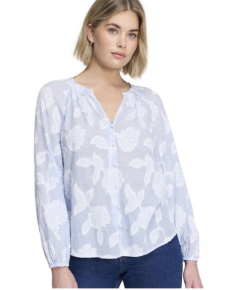 Женская блузка Finery London Ivie Floral-Print Button-Through V-Neck Long-Sleeve, цвет: Синий с принтом полосатый