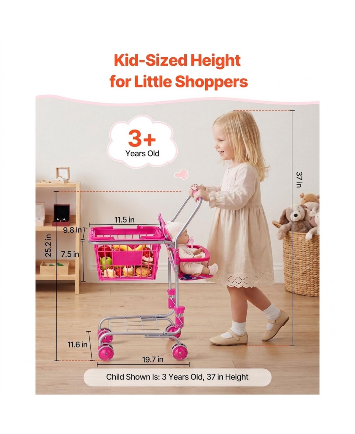 Детские игрушки SUGIFT Metal Toy Shopping Cart and Doll, 2-Piece Set, Ages 3+, цвет: Розовый — фото 3
