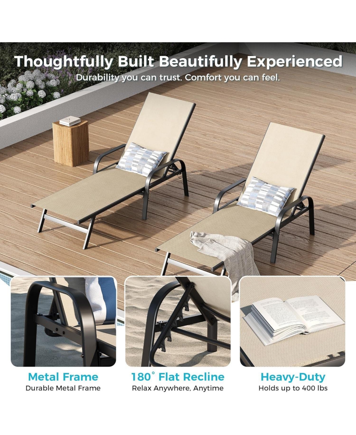 gaomon Outdoor Lounge Chair, 5-Position Reclining Chaise for Garden, Balcony and Poolside