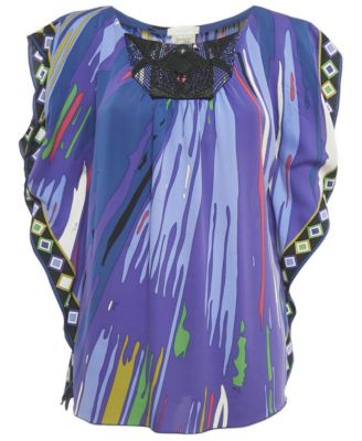 Women's Short-Sleeve Scoop Neck Embellished Silk-Blend Kaftan Tunic Top