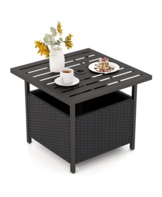 22 in Steel Slat Side Table with Umbrella Hole and Wicker Storage