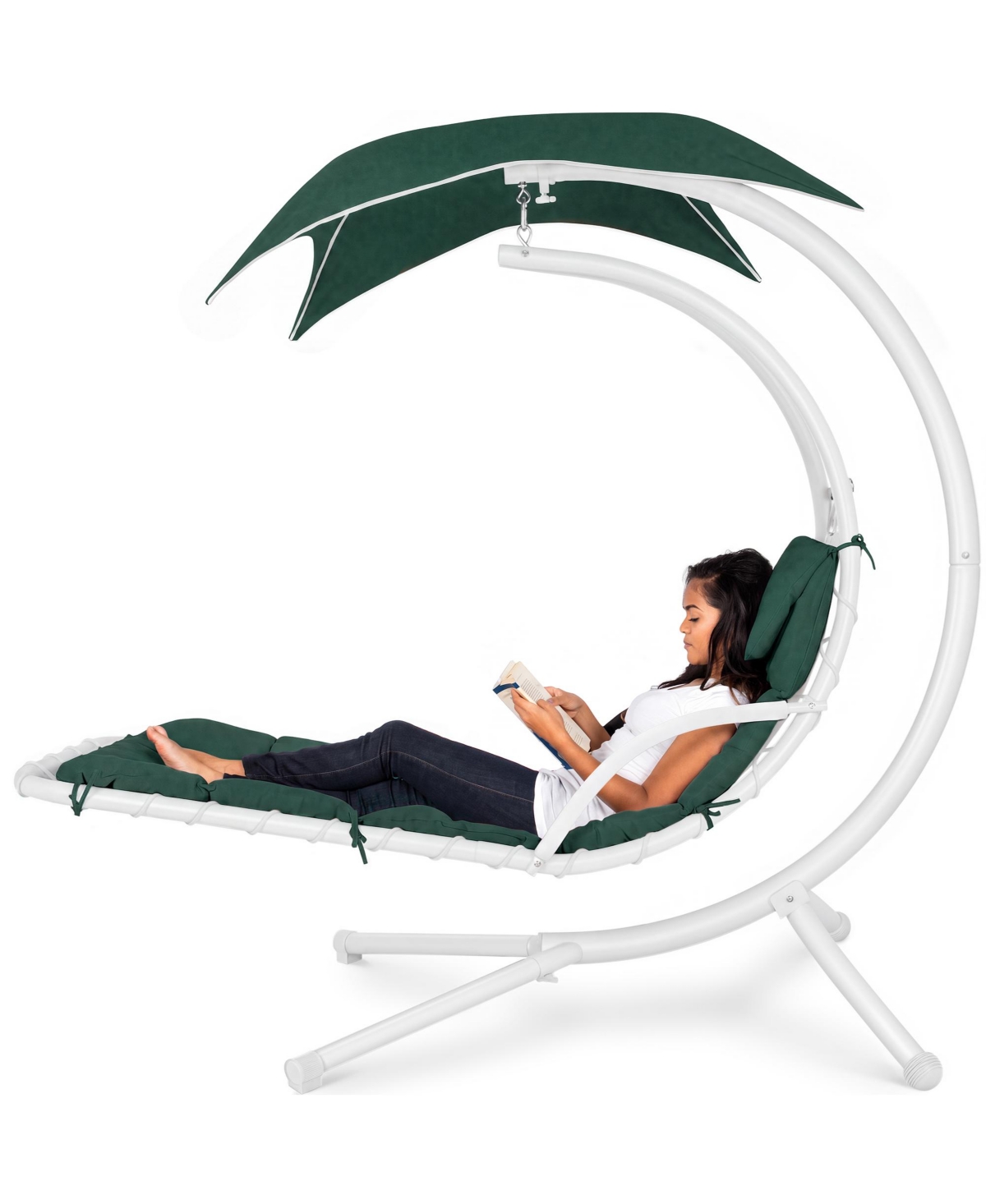 Best Choice Products Hanging Curved Chaise Lounge Chair Swing for Backyard, Patio w/ Pillow, Shade, Stand - New forest