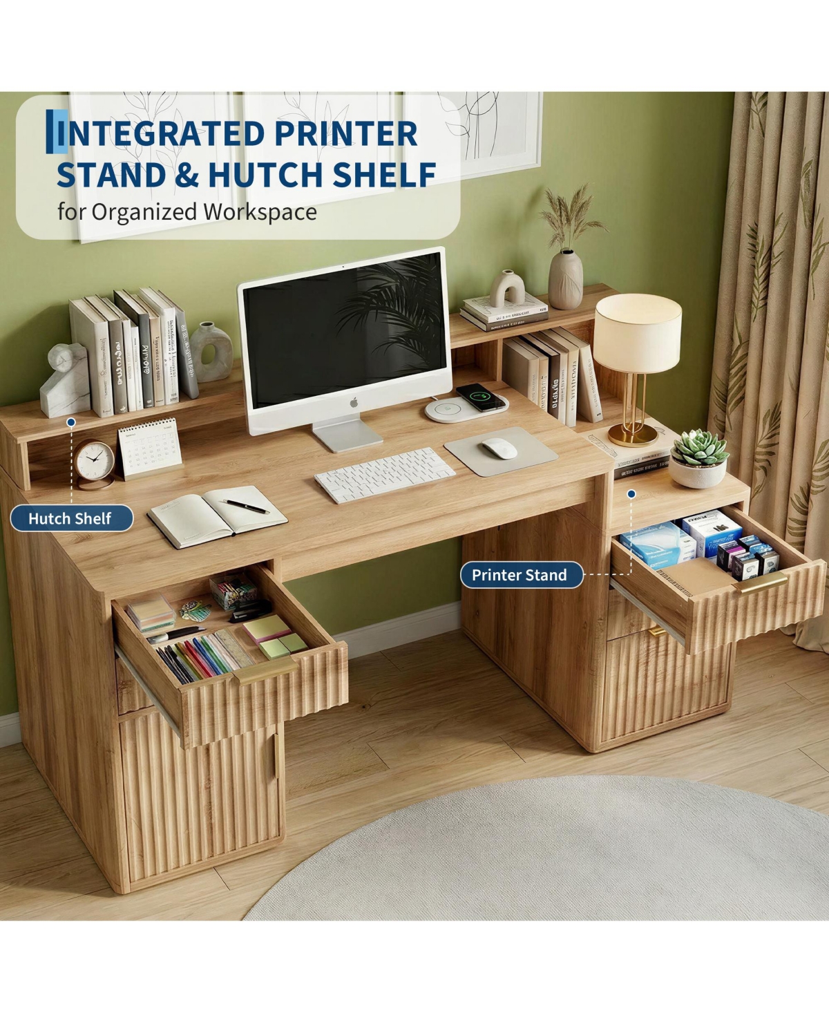 gaomon Rectangular Computer Desk with Hutch, Printer Stand and Ripple Door Storage, Space-Saving Home Office Writing Desk